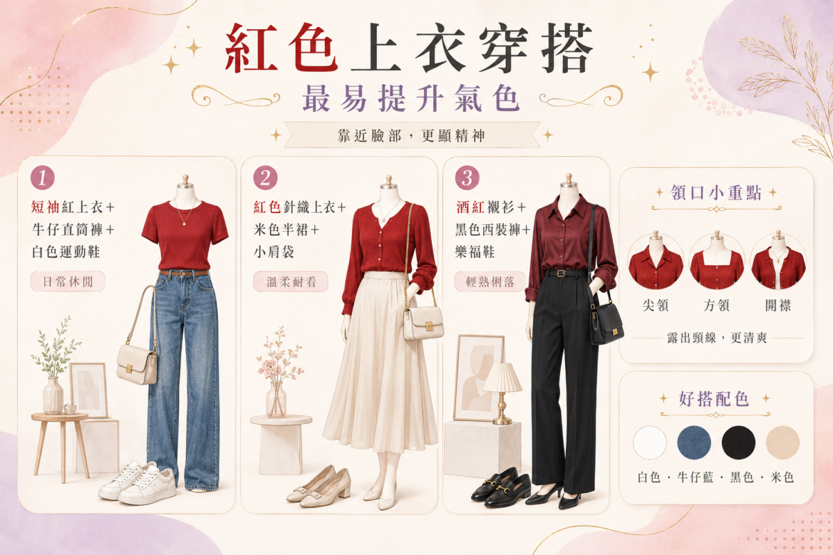 紅色上衣穿搭公式與選挑指南資訊圖表,以視覺化清單呈現紅色T恤配牛仔褲、紅色針織配米色裙、酒紅襯衫配西裝褲的3大日常風格,並圖解V領、方領等顯白清爽領口挑選技巧。