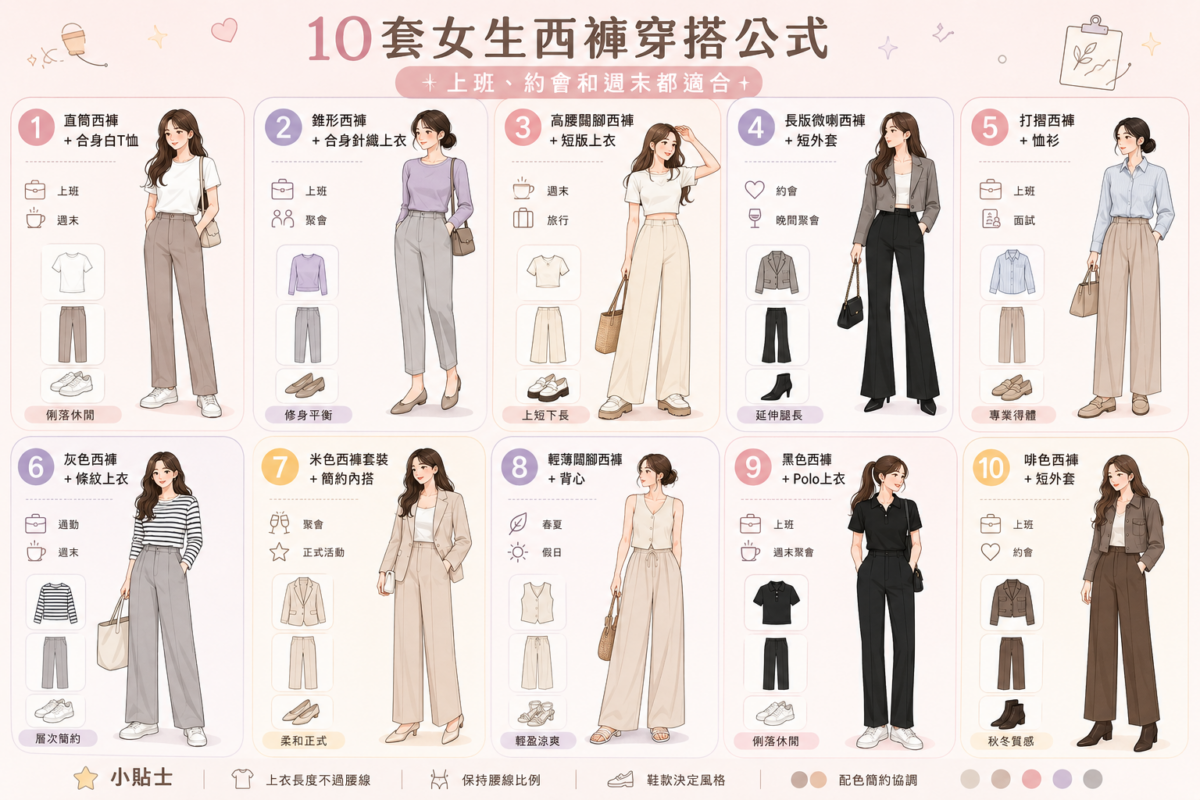 10套女生西褲穿搭公式圖鑑:包含直筒、錐形、高腰闊腳、微喇、打摺西褲與各式上衣的搭配組合,並標註上班、約會、週末等適用場合。