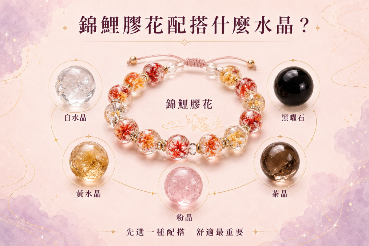 錦鯉膠花水晶配搭指南圖：白水晶、黃水晶、粉晶、茶晶與黑曜石的顏色特色與寓意對照表。
