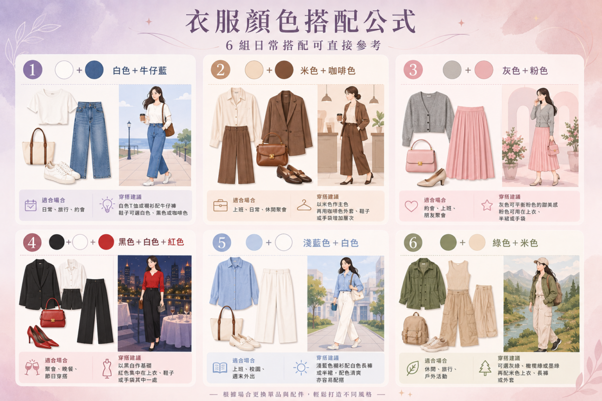 6組日常衣服顏色搭配公式圖鑑:包含白色+牛仔藍、米色+咖啡色、灰色+粉色、黑白紅、淺藍色+白色、綠色+米色之適合場合與穿搭建議色塊對照圖。
