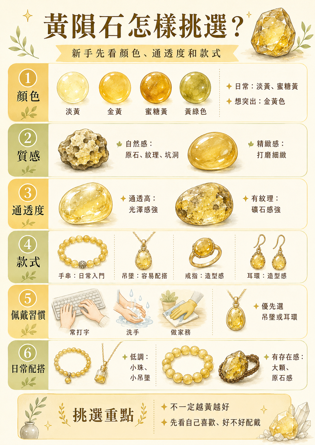 新手黃隕石挑選指南對照表：從顏色、通透度、款式與做家務等佩戴習慣選擇黃金隕石的選購攻略圖。