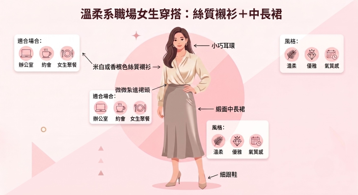 想增加女人味，可以選擇帶有柔和垂墜感的絲質襯衫。搭配緞面中長裙或百褶裙，可以讓整體線條更加柔美。