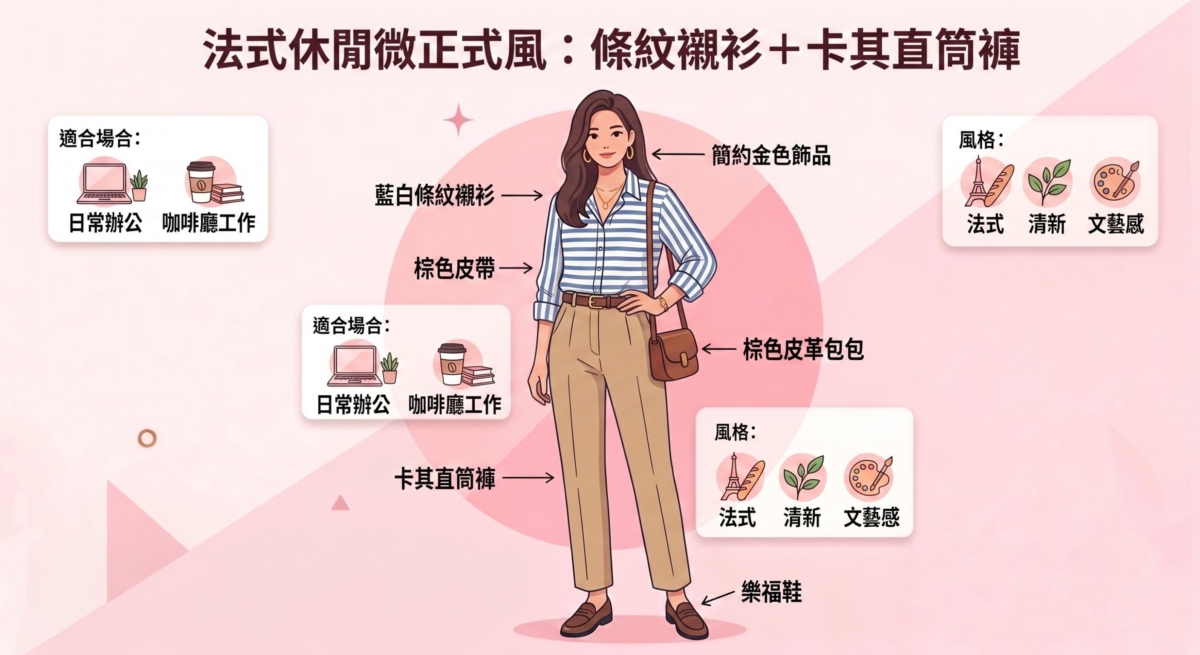 條紋襯衫比純色襯衫多了一點活潑感，非常適合年輕女生。