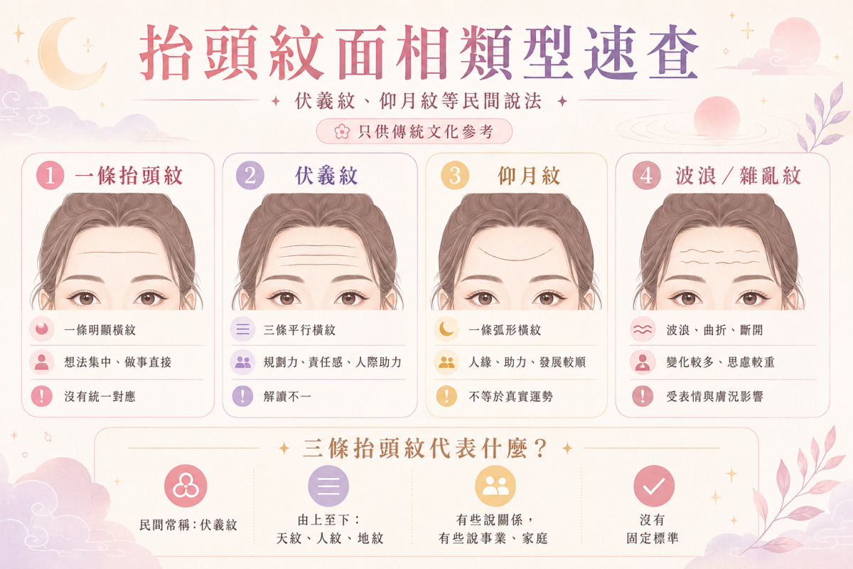 民間抬頭紋面相類型對照圖：一條抬頭紋、伏羲紋、仰月紋與雜亂橫紋的外觀特徵與民間解讀比較。