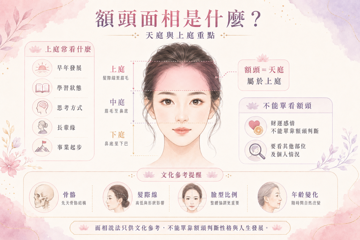 面相學臉部三庭（上庭、中庭、下庭）劃分示意圖，重點標示上庭（額頭）的範圍與其代表的早年發展、學習狀態、思考方式、長輩緣及事業起步等面相學觀察重點。