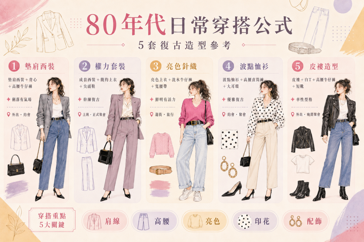 80年代衣著5套日常復古穿搭公式對照圖:包含墊肩西裝配牛仔褲、權力套裝配尖頭鞋、亮色針織衫配寬腰帶、波點襯衫配直筒褲與復古皮衣配短靴的風格效果與場合指南。