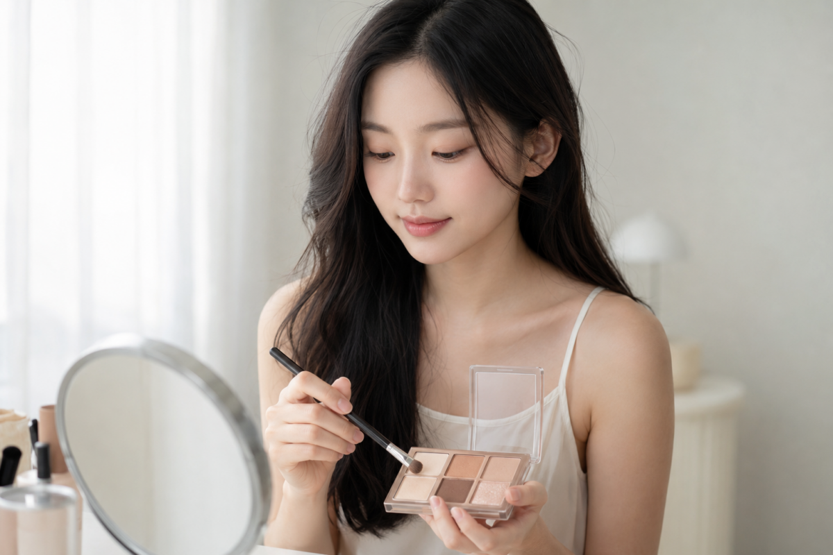 新手眼影配色可運用打底色、主色、加深色及提亮色四色公式，以淺色大範圍、深色小範圍和少量珠光畫出自然層次。