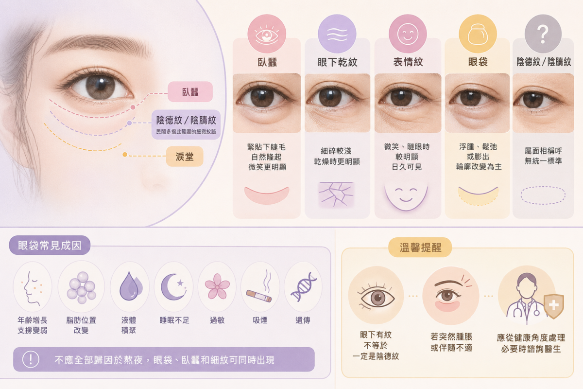 眼下特徵分辨對照圖:陰德紋、臥蠶、眼下乾紋、表情紋與眼袋的位置特徵與判斷重點。
