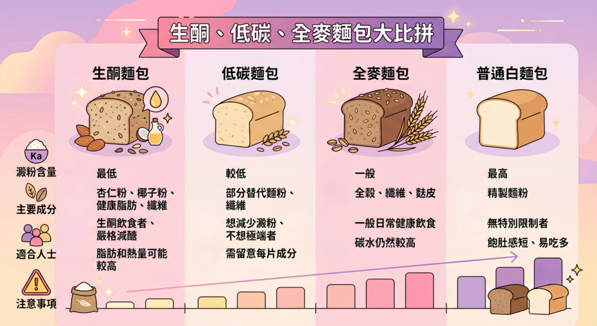 生酮麵包、低碳麵包、全麥麵包與普通白麵包的特色、適合人士及注意事項對比懶人包資訊圖表。