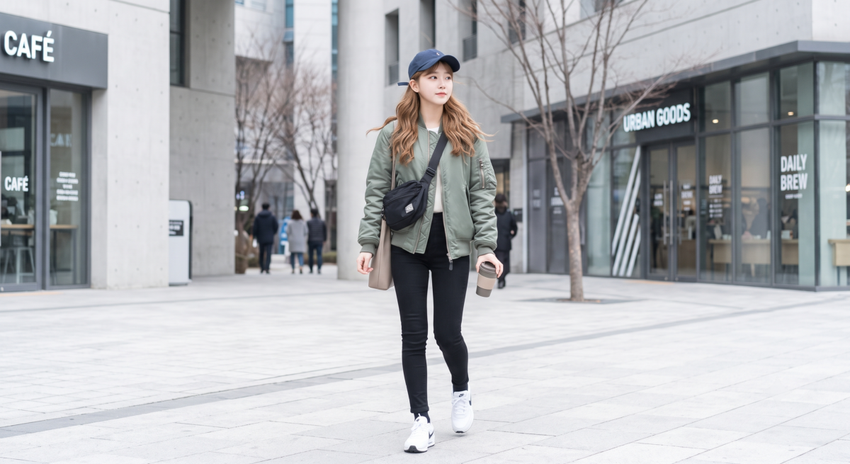 下身搭配貼身牛仔褲或Legging，利用「上寬下緊」的穿搭技巧修飾身形，讓整體更顯瘦。