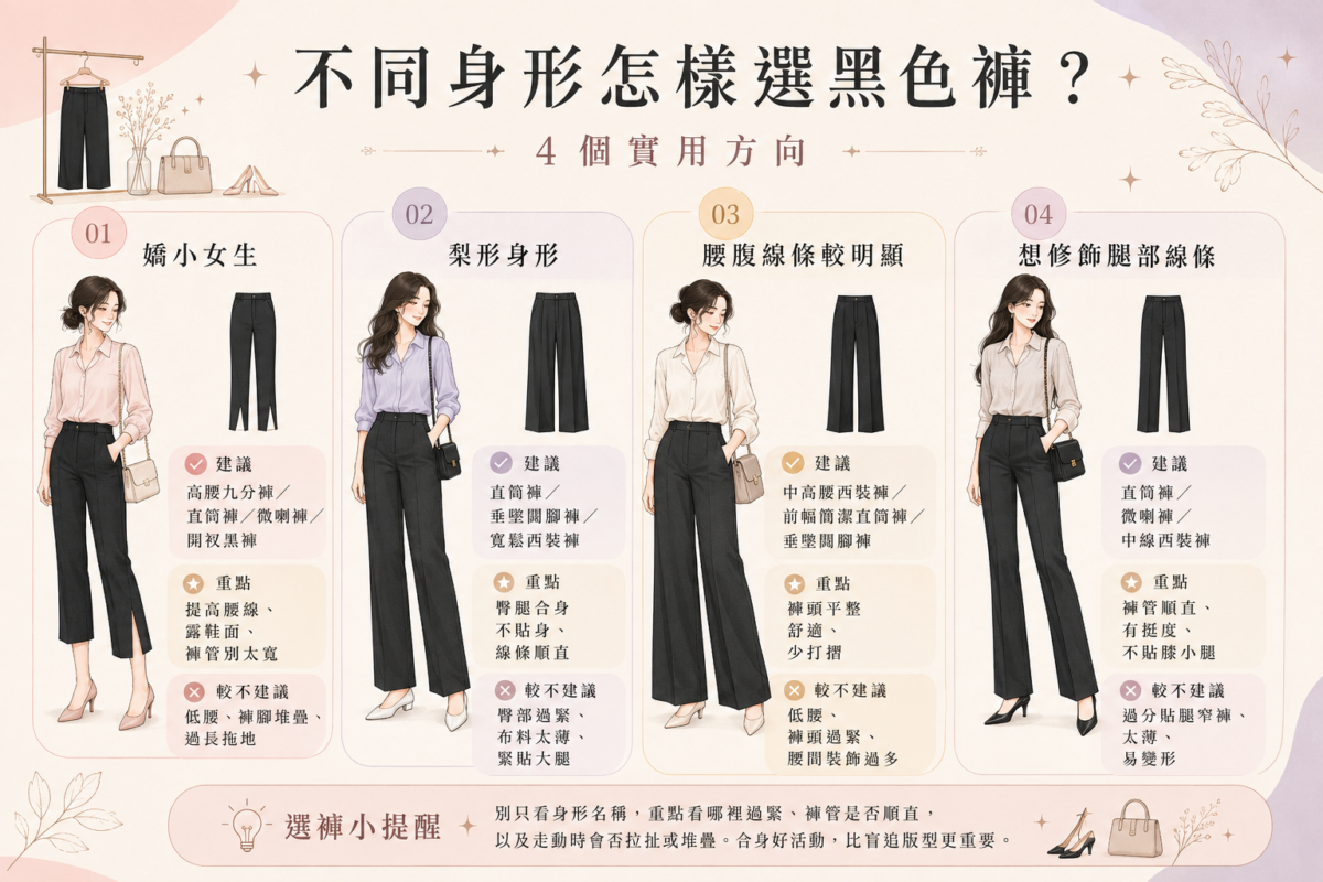 不同身形（嬌小、梨形、腰腹較明顯、修飾腿型）黑色褲選款重點與避雷建議對照圖。