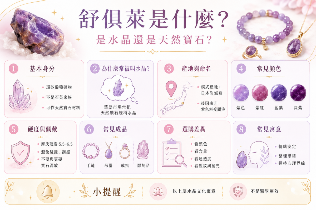 天然寶石舒俱萊礦物特徵與品質篩選指南資訊圖:包含舒俱萊硬度、顏色分類、伴生紋理以及評估成品品質的五大核心維度視覺化懶人包。