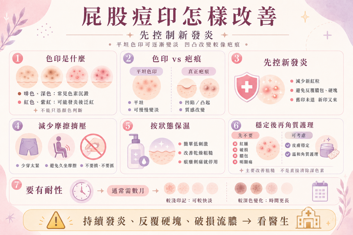 屁股痘印淡化4步驟示意圖:從控制發炎、減少摩擦擠壓、溫和保濕到皮膚穩定後去角質的正確護理流程。