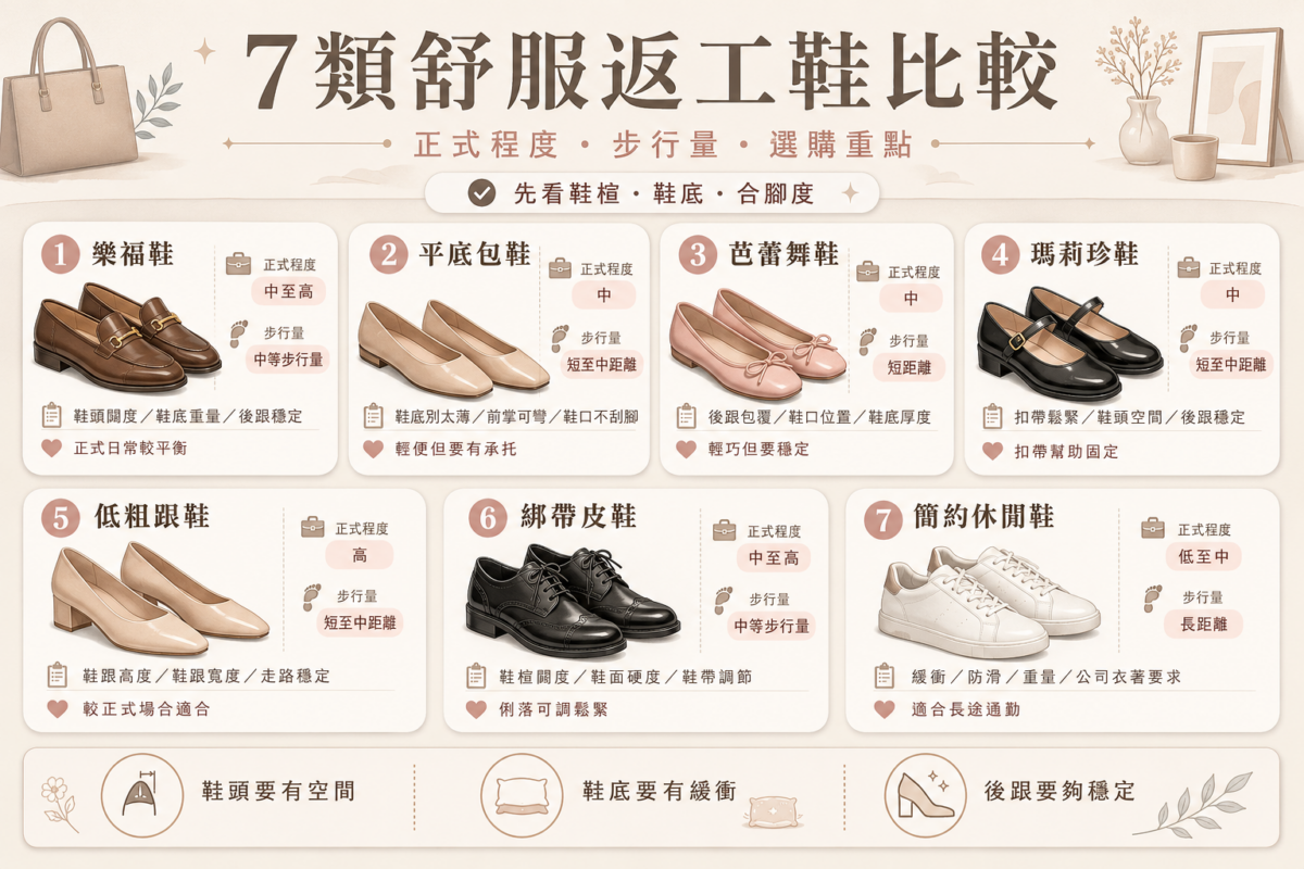7類舒服返工鞋比較圖：樂福鞋、平底包鞋、芭蕾舞鞋、瑪莉珍鞋、低粗跟鞋、綁帶皮鞋與休閒鞋的正式程度、適合步行量及選購重點。
