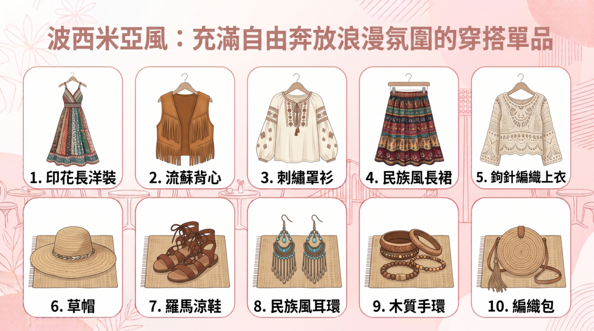 波西米亞風充滿自由奔放的度假氣息，喜歡利用流蘇、民族印花、刺繡與飄逸長裙打造浪漫氛圍。