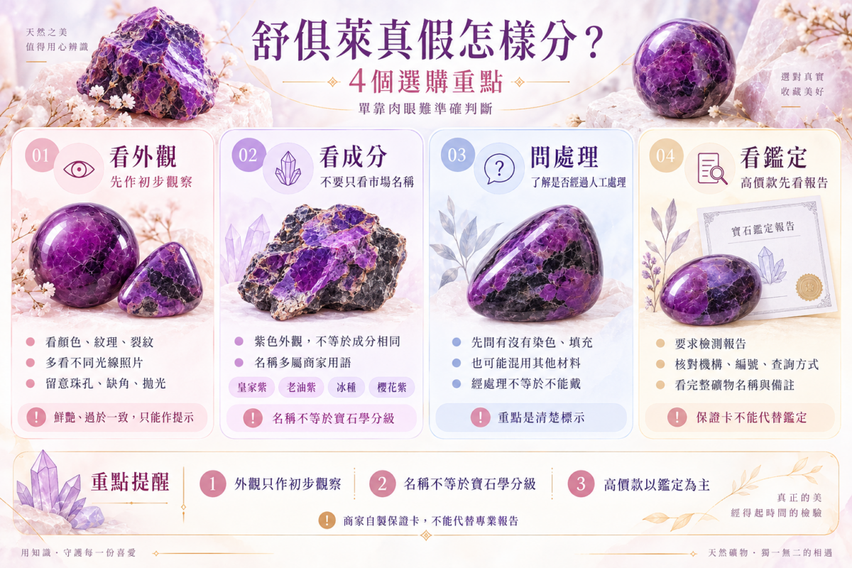 舒俱萊真假辨別4大選購重點圖解，包含外觀觀察、成分辨識、人工處理確認與專業鑑定報告評估