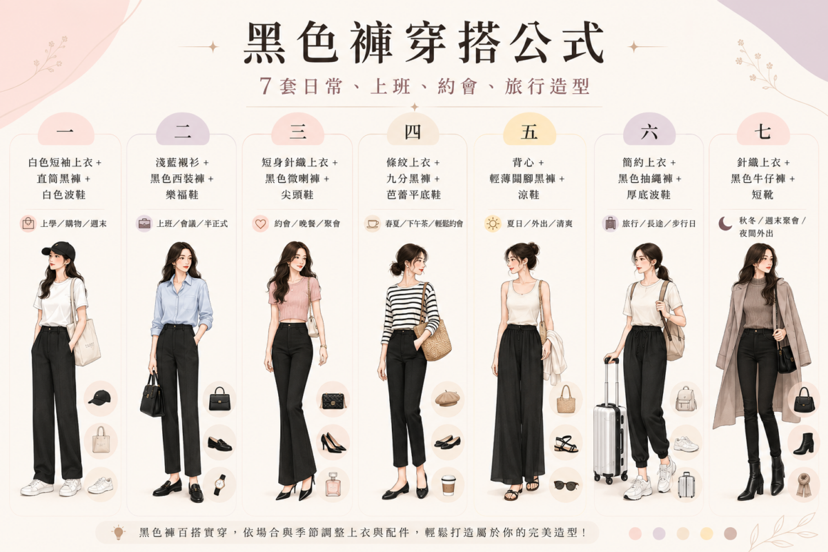 7套黑色褲穿搭公式對照圖：包含日常、上班、約會、旅行等不同場合的黑褲與上衣鞋款搭配建議。