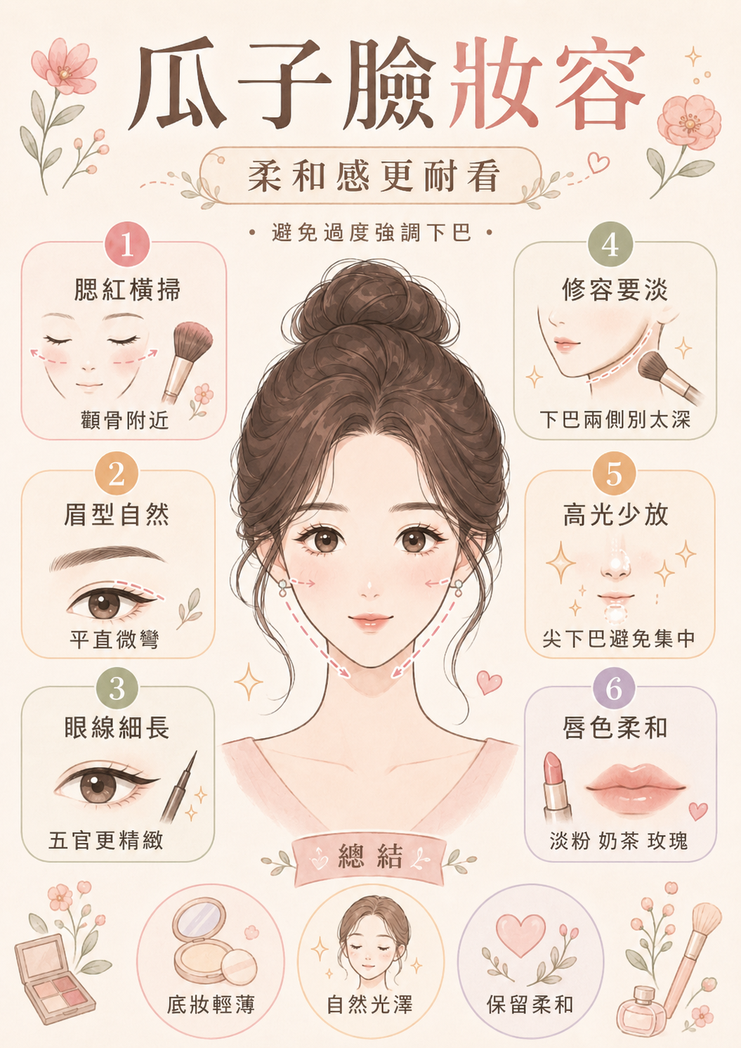 瓜子臉妝容重點圖解資訊圖:一圖速查腮紅橫向掃、自然平直眉、細長眼線、避免下巴重度修容與高光,以及溫柔系唇妝等修飾尖下巴與增加柔和感的瓜子臉化妝指南。