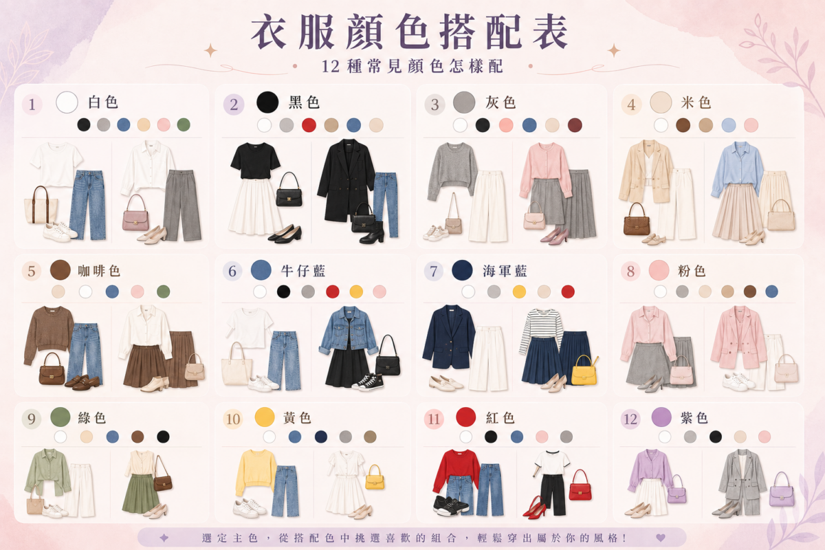 12種常見衣服顏色(黑、白、灰、米、咖啡、牛仔藍、海軍藍、粉、綠、黃、紅、紫)的萬能配色組合與日常穿搭靈感對照圖鑑。