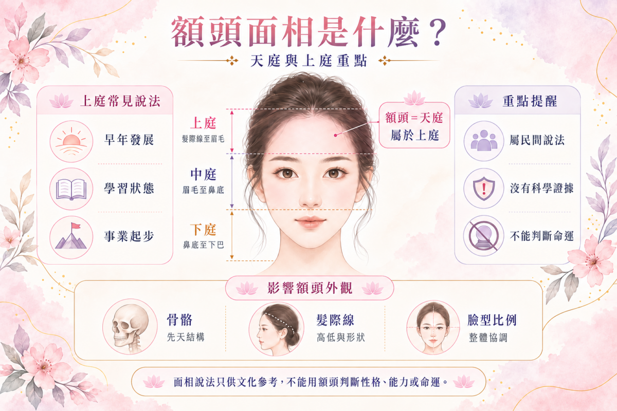 臉部額頭上庭與天庭範圍標示圖,呈現髮際線至眉毛區域及傳統面相與現代科學觀點對比。