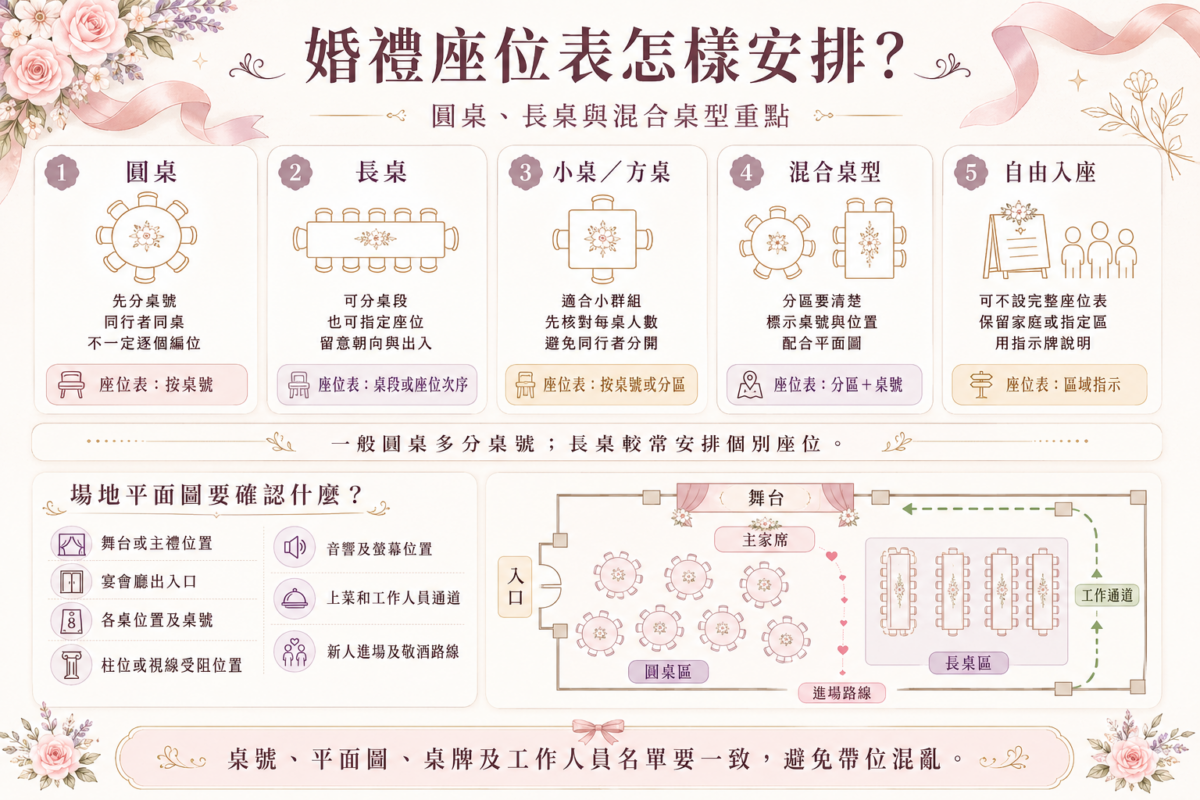 婚禮4大桌型（圓桌、長桌、方桌、混合桌）座位安排重點與適用座位表形式對照圖。