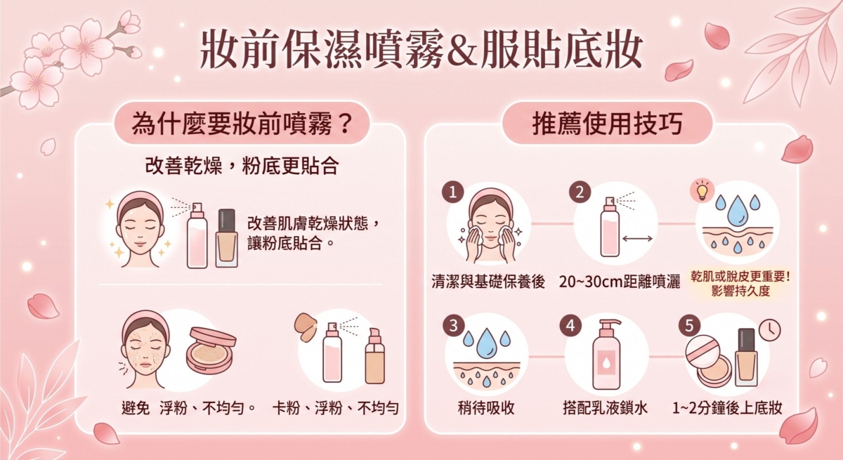 很多女生使用保濕噴霧時，會直接在完成底妝後補噴，但其實妝前使用也是提升妝容質感的重要步驟。