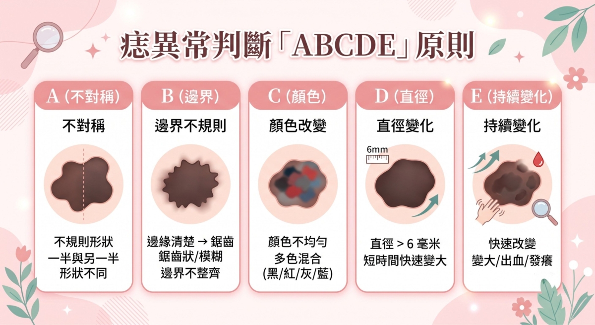 雖然很多人會研究痣位置代表什麼，但在日常生活中，更重要的是了解自己的痣是否出現異常。