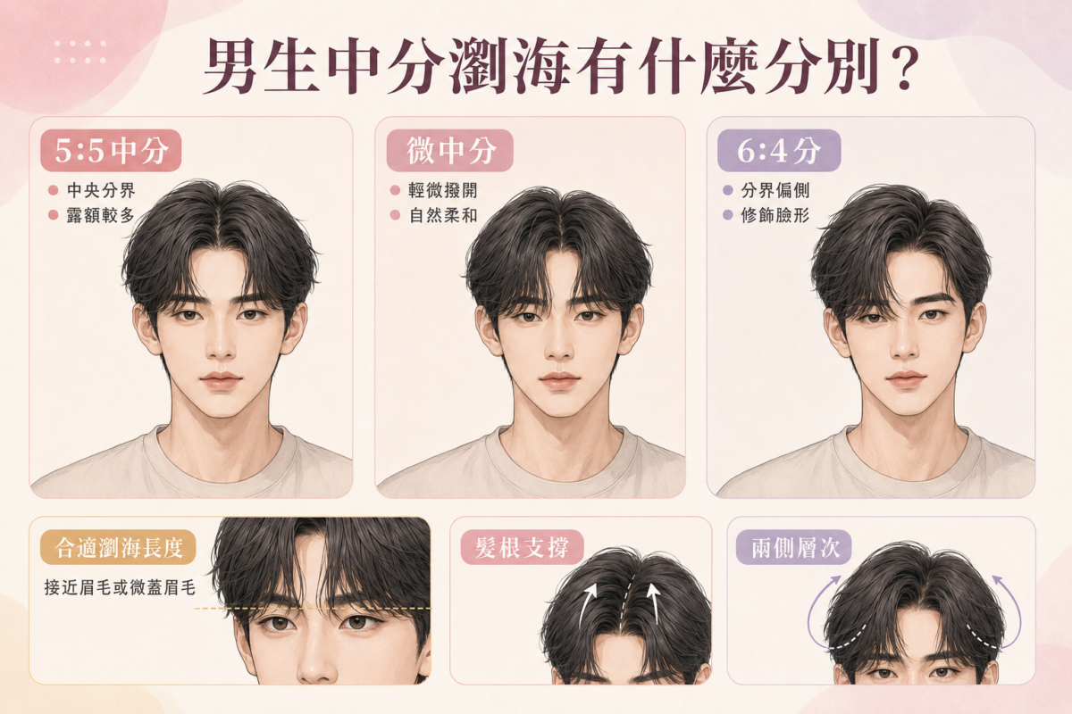 男生中分瀏海三種比例對比圖:5:5正中分、微中分與6:4偏中分的分界位置與臉型修飾特徵。