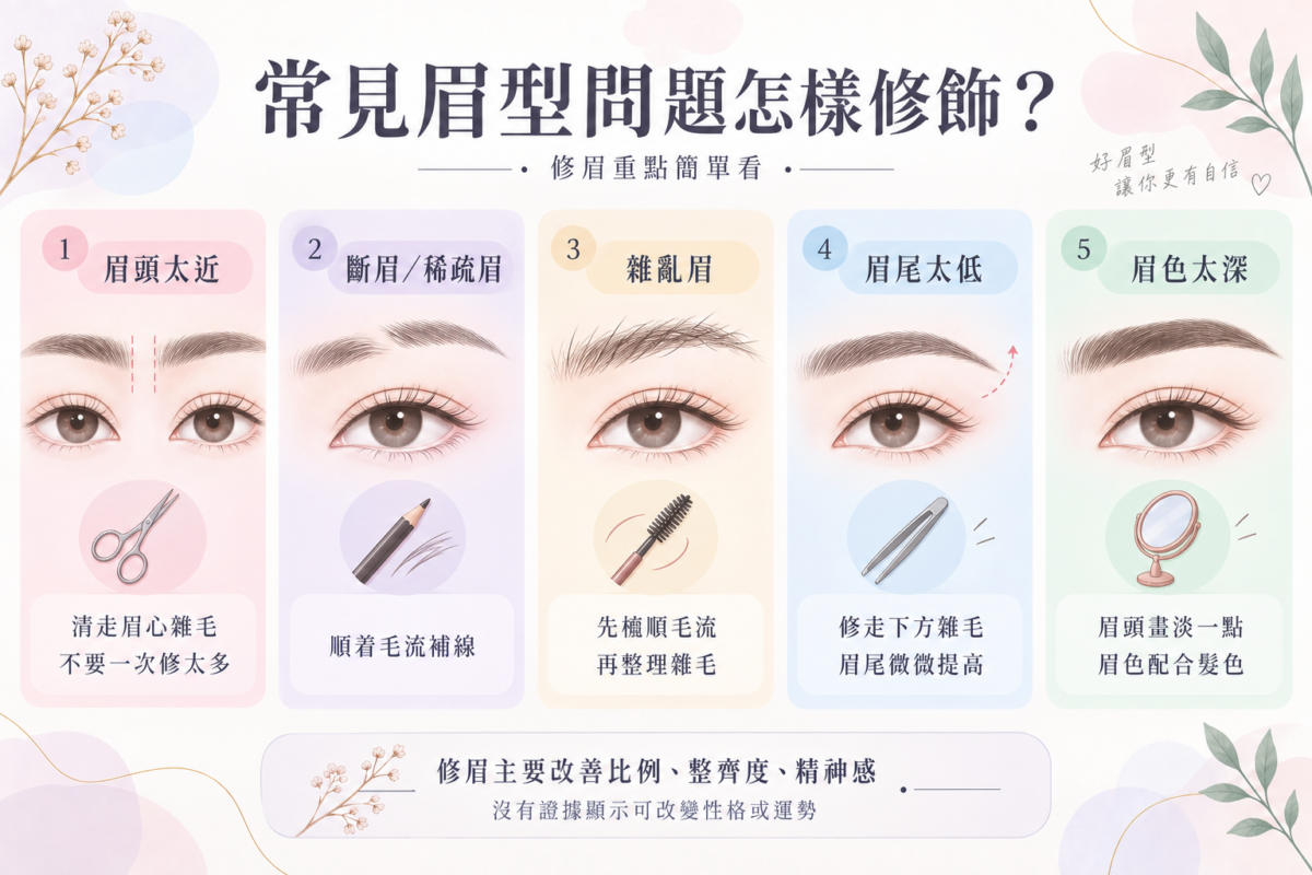 5大常見眉型問題修飾指南圖解,包含眉頭太近、斷眉稀疏、雜亂眉、眉尾太低與眉色太深的修飾技巧對照。