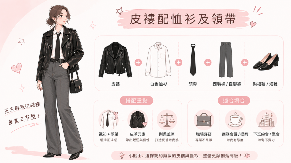 將皮褸與白色恤衫、領帶結合，可以創造近年流行的 Formal Mix Street Style。