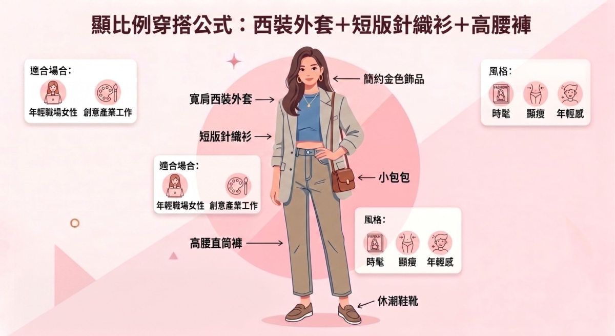 短版針織衫搭配高腰褲，再加上一件西裝外套，不會太成熟，也保留年輕感。