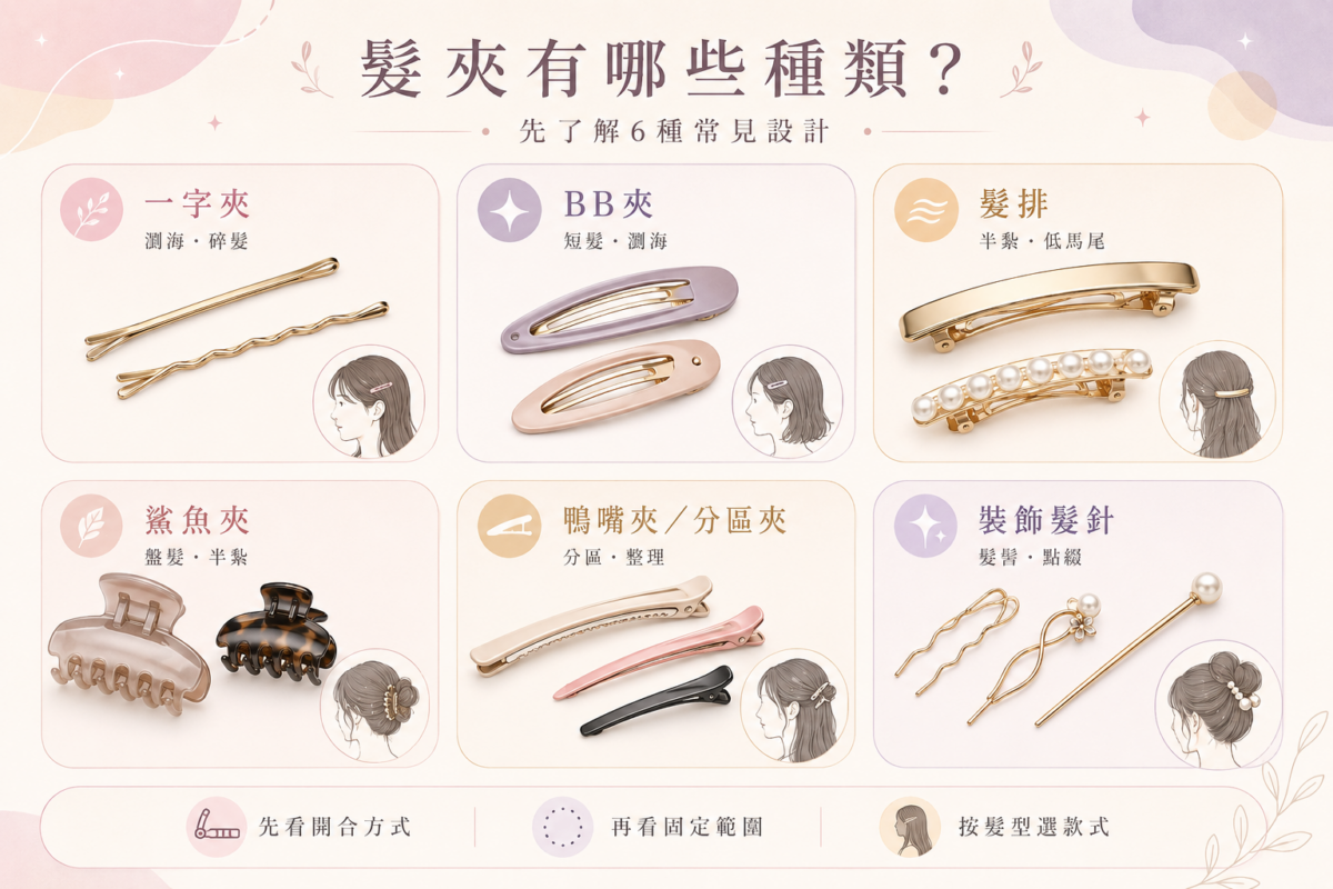 6種常見髮夾種類對比圖:一字夾、BB夾、髮排、鯊魚夾、鴨嘴夾與裝飾髮針的開合固定方式與髮型用途總結懶人包。