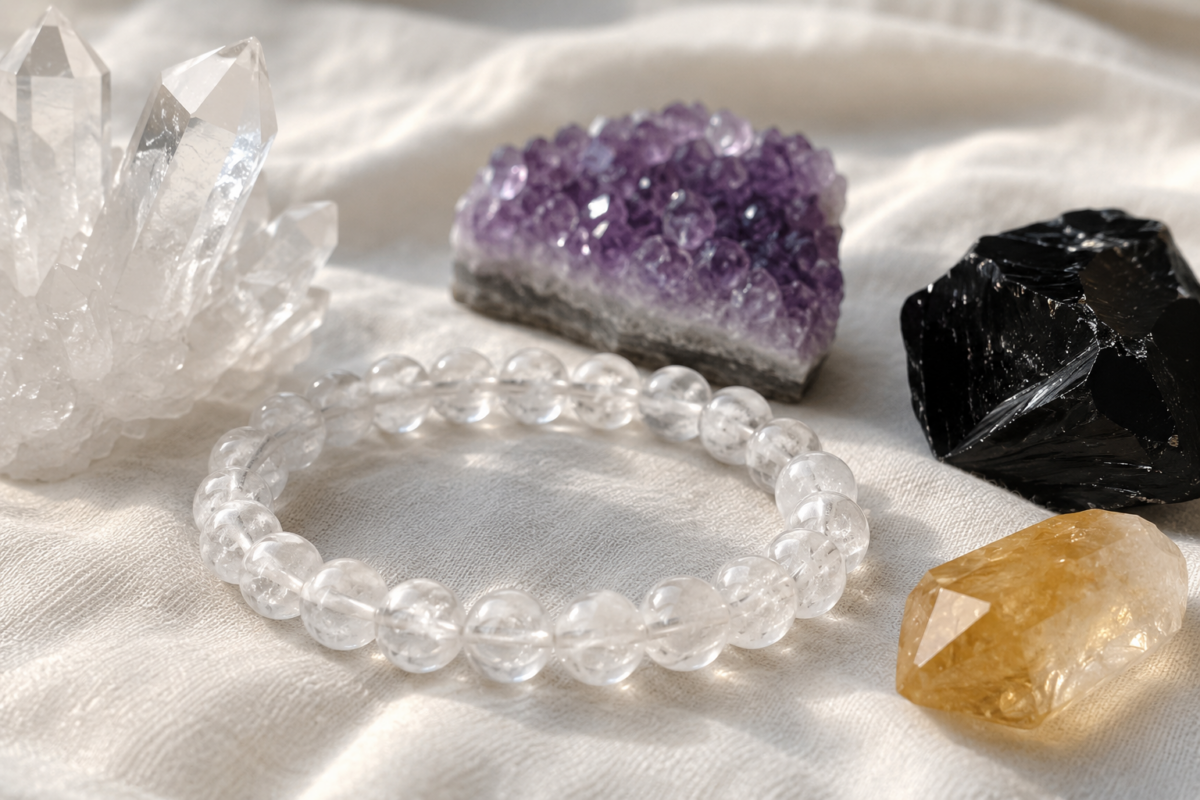 白幽靈可按需求搭配白水晶、黑曜石、紫水晶、粉晶、黃水晶或綠幽靈，新手日常選 1 至 2 種、以佩戴舒服和顏色協調為主。