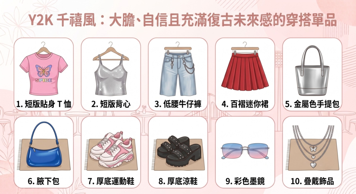 Y2K的風格大膽、活潑且充滿青春感，擅長利用亮色系、低腰剪裁、短版上衣與金屬元素打造吸睛造型，展現自信又帶點叛逆的個人魅力。