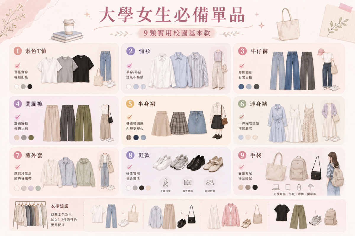 大學女生必備單品穿搭指南資訊圖:9類實用校園基本款(素色T恤、恤衫、牛仔褲、闊腳褲、半身裙、連身裙、薄外套、鞋款、大容量手袋)的選款與配搭重點技巧。