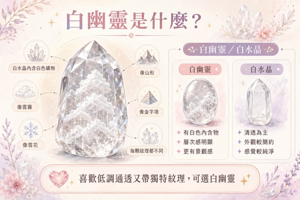 白幽靈與白水晶區別對比資訊圖：一圖看懂白幽靈水晶（內含雲霧、雪花、山形或金字塔景觀）與普通白水晶（純淨通透）在外觀、特徵與收藏價值上的核心差異。