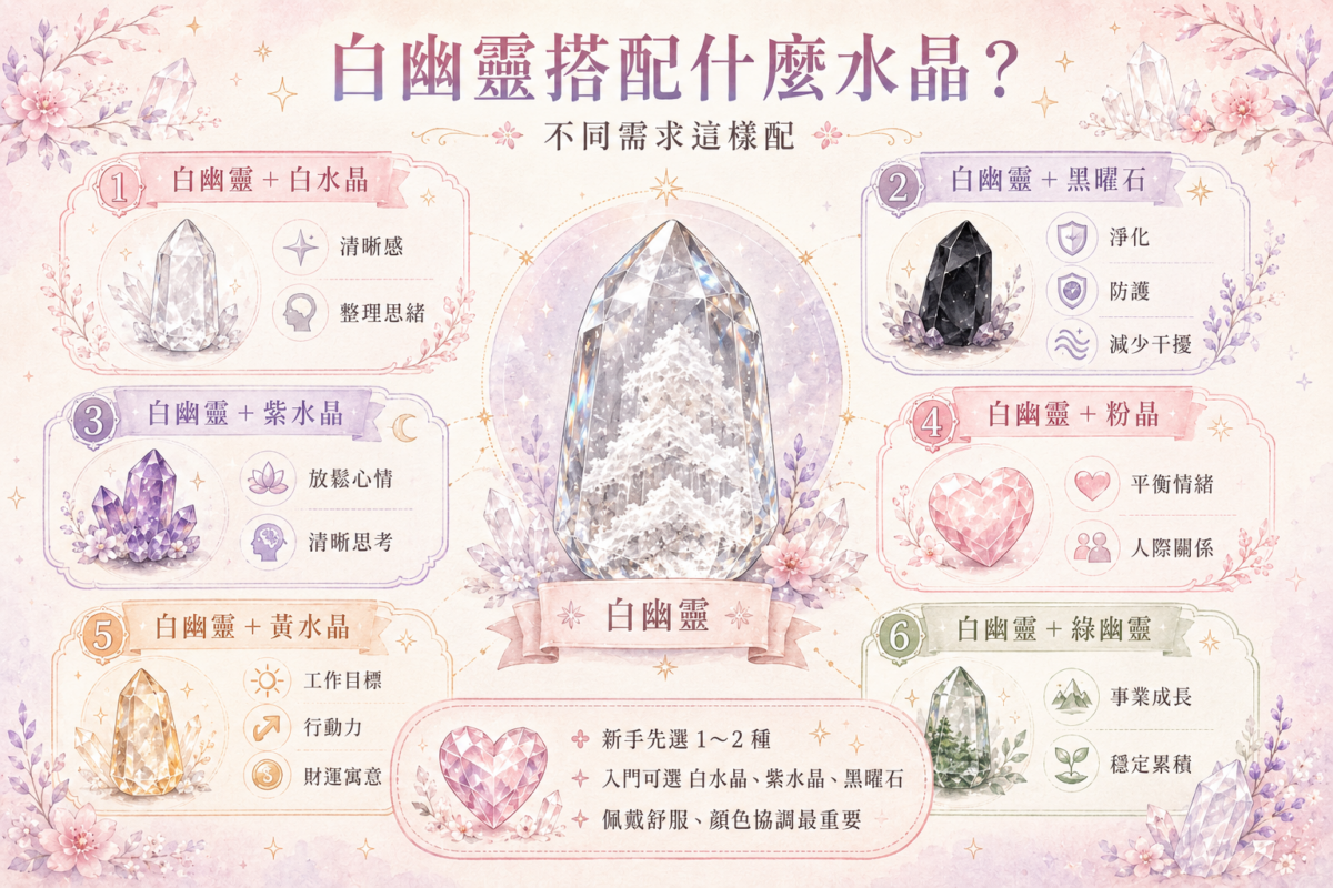 白幽靈水晶搭配指南資訊圖：一圖看懂白幽靈搭配白水晶、黑曜石、紫水晶、粉晶、黃水晶及綠幽靈的適合需求、水晶功效與新手佩戴建議。