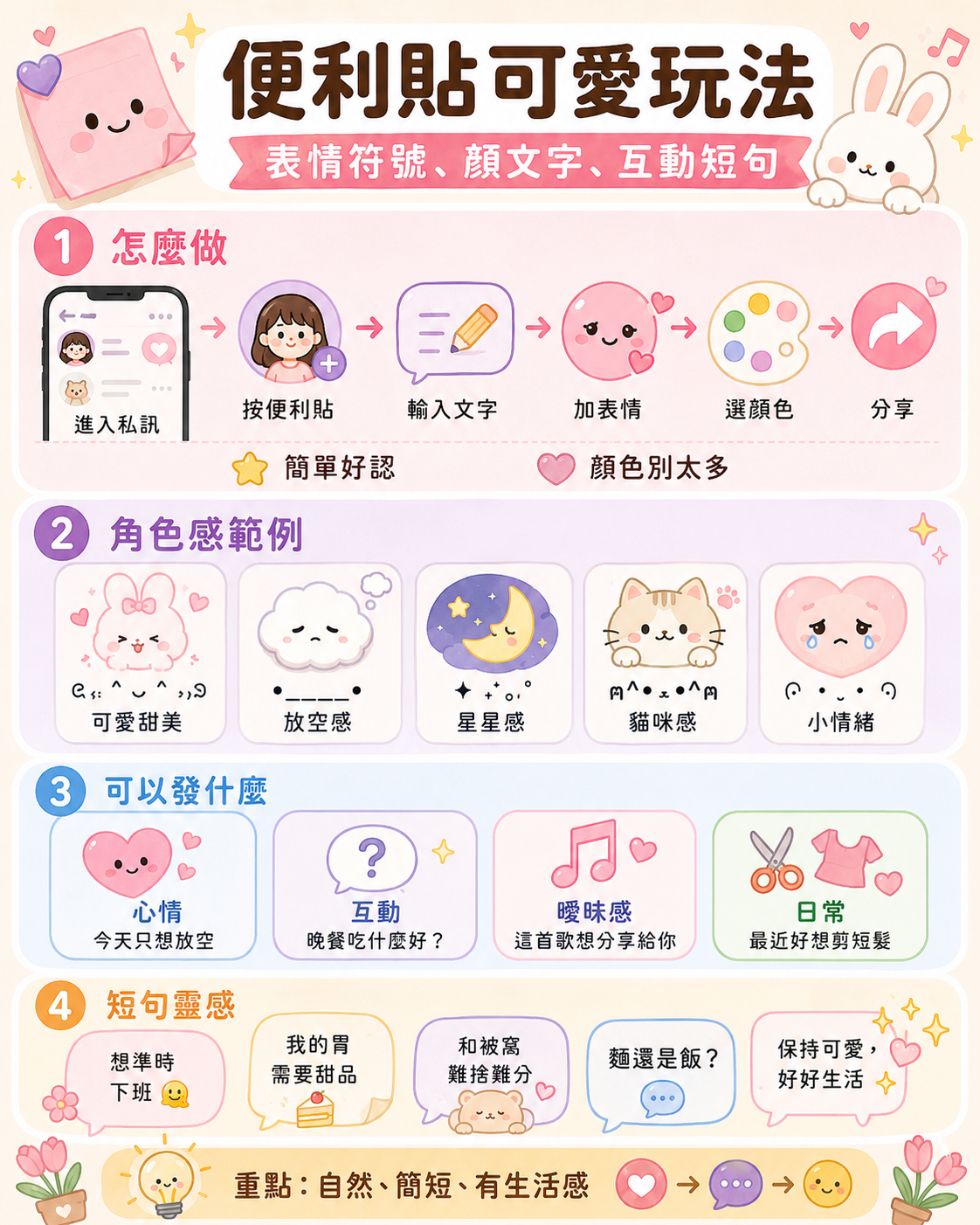 IG便利貼可愛玩法與文字靈感資訊圖:一圖速查5款熱門角色感顏文字(可愛、放空、星星、貓咪、小情緒)以及心情、互動、曖昧感、女生日常等4大萬能互動短句範例與社群開話題指南。