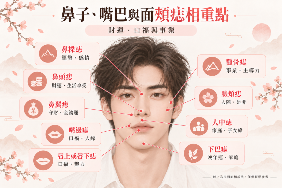 男子痣面相位置整理圖,標示鼻頭、鼻翼、鼻樑、嘴邊、人中、顴骨、臉頰及下巴等痣位,解釋財運、口福、事業與人際關係的傳統寓意。