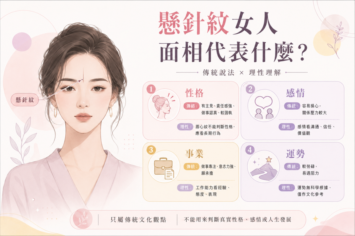 懸針紋女人面相傳統說法與理性理解對照圖:包含性格、感情、事業與運勢的傳統說法與現代科學理解對比,以及面相僅供參考的核心觀點。