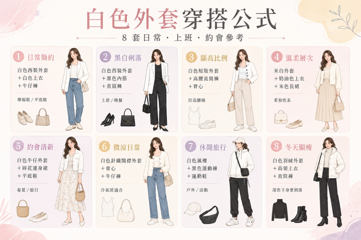 白色外套 8 套萬能穿搭公式資訊圖表:一圖看懂西裝外套、短版外套、牛仔外套、針織外套、風褸與羽絨外套的 8 種日常、上班、約會實穿搭配組合與風格指南。