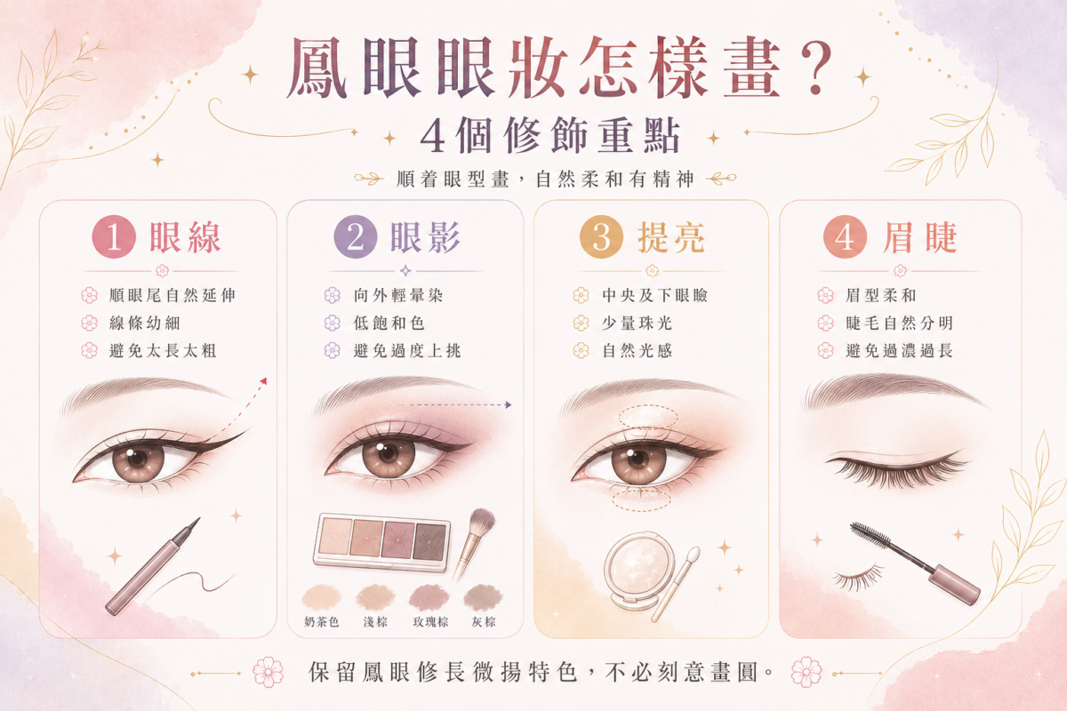 鳳眼眼妝4大技巧示範圖:包含眼線自然延伸、眼影橫向暈染、眼皮中央提亮與柔和眉睫的修飾重點對照。