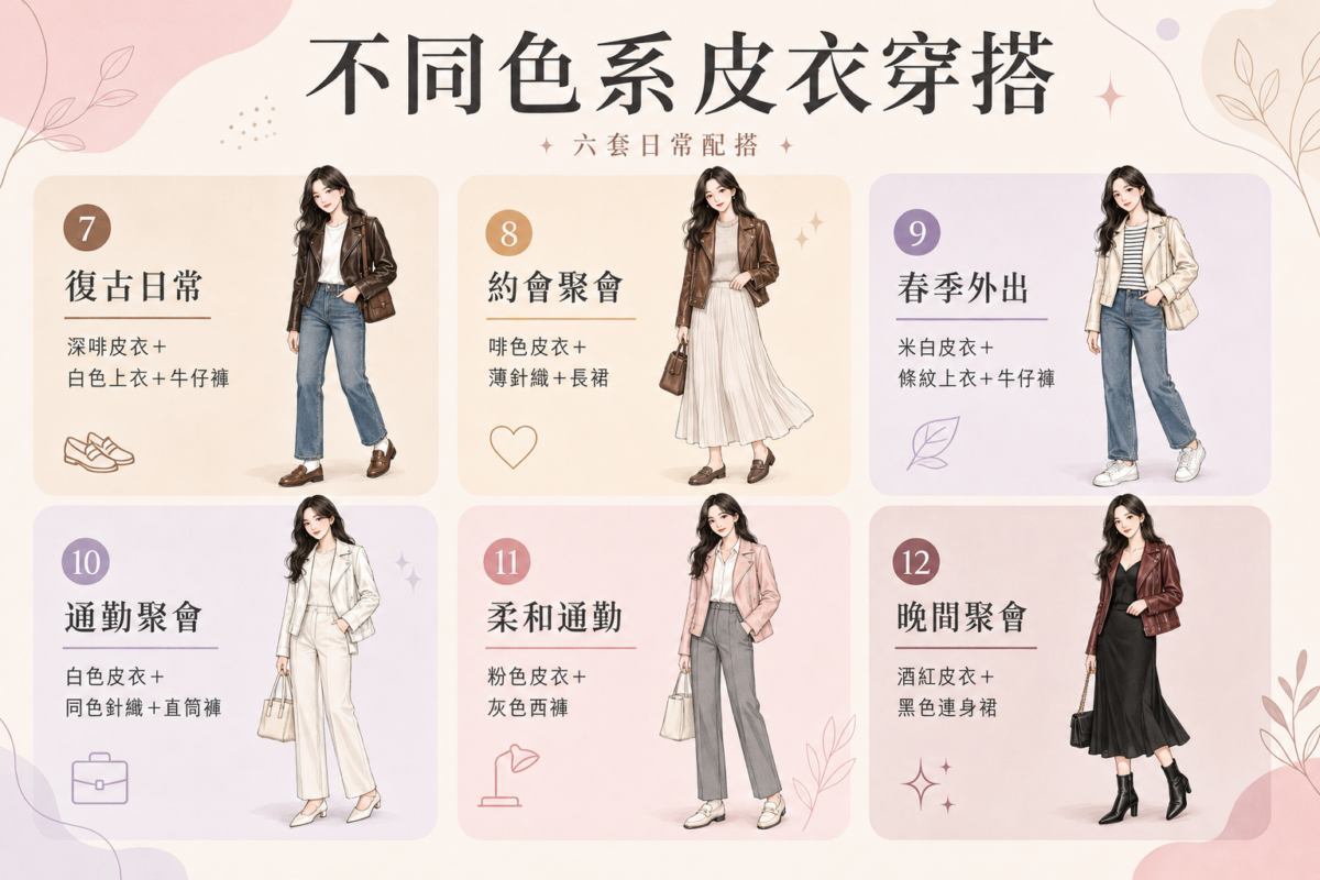 6套啡色、米白、粉色及酒紅皮衣穿搭公式圖：復古日常、約會聚會、清爽轉季、同色系通勤與晚間造型搭配指南。