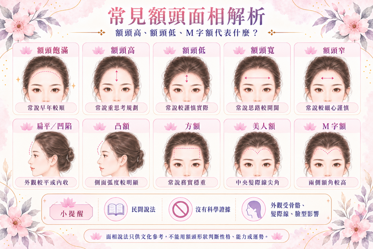 10種常見額頭面相對照圖,包含高額頭、低額頭、M字額與美人尖的傳統面相解讀與現代科學成因分析。