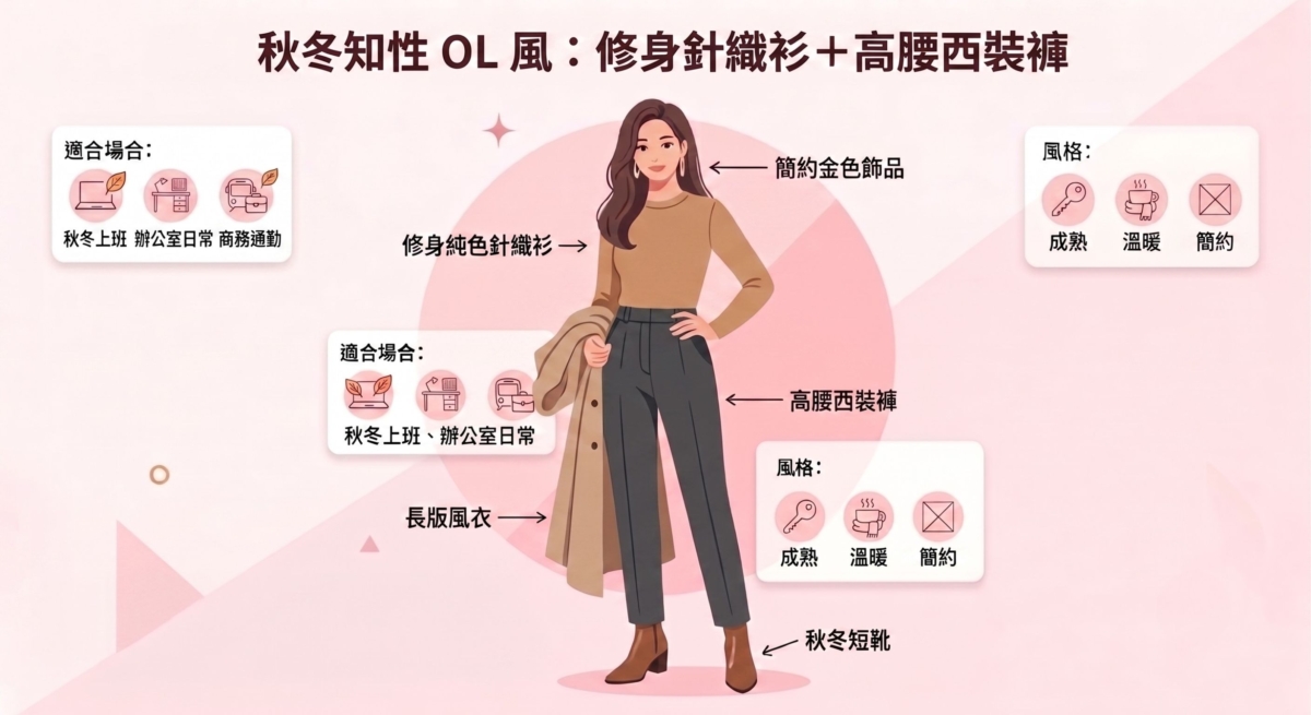 選擇修身款針織衫搭配高腰西裝褲，可以讓上半身與下半身比例更平衡。