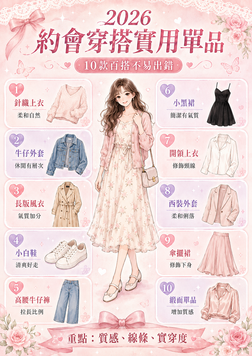 2026女生約會穿搭10大百搭單品指南資訊圖，包含針織上衣、風衣、高腰牛仔褲、小黑裙等實用單品特點速查。