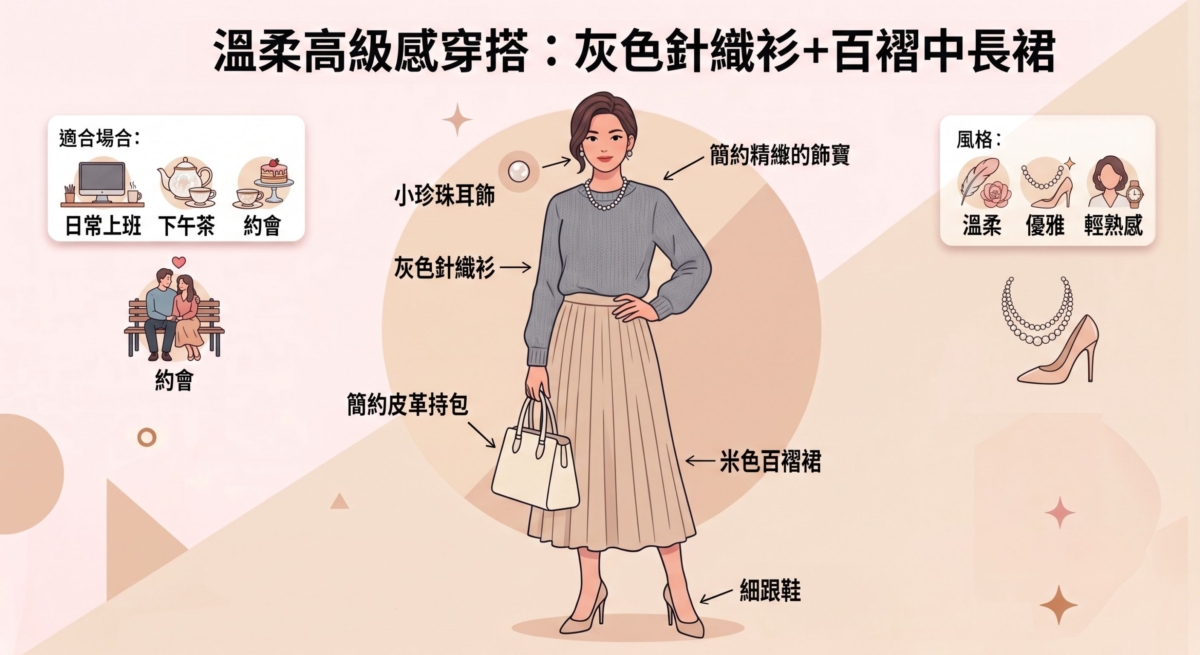 柔軟針織材質搭配飄逸裙擺，可以創造剛剛好的女人味。