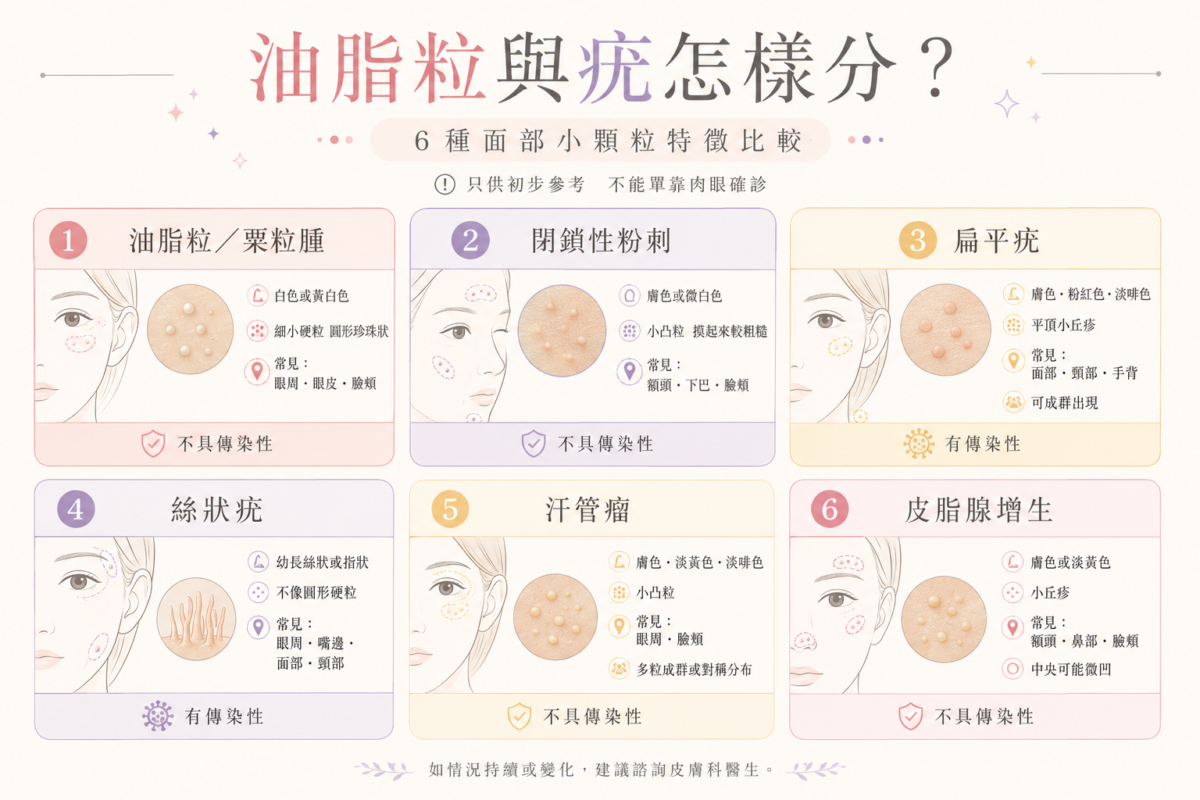 6種常見面部小顆粒特徵與傳染性對比圖:包含油脂粒、閉鎖性粉刺、扁平疣、絲狀疣、汗管瘤與皮脂腺增生的常見外觀、好發位置及是否具傳染性。