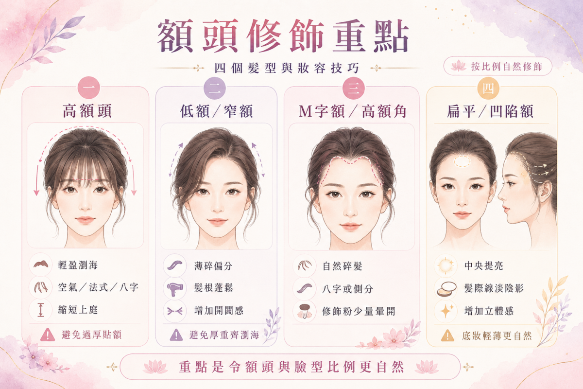 4種常見額頭面相（額頭高、額頭低/窄、M字額、額頭扁平/凹陷）修飾技巧對照圖鑑：包含空氣瀏海、偏分髮型、美人額碎髮、光影提亮等髮型與妝容建議。
