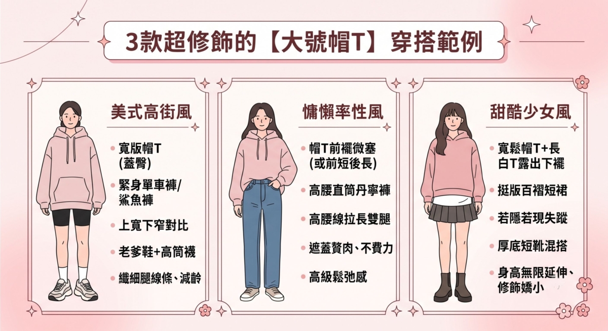 3款超修飾的 oversize 帽t 穿搭範例。